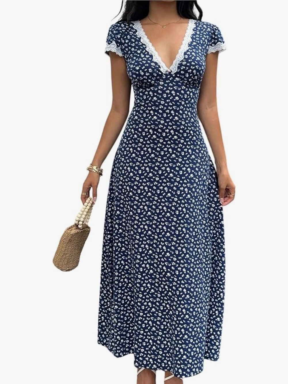 Amazon Navy Floral Maxi Dress with White Lace Trim